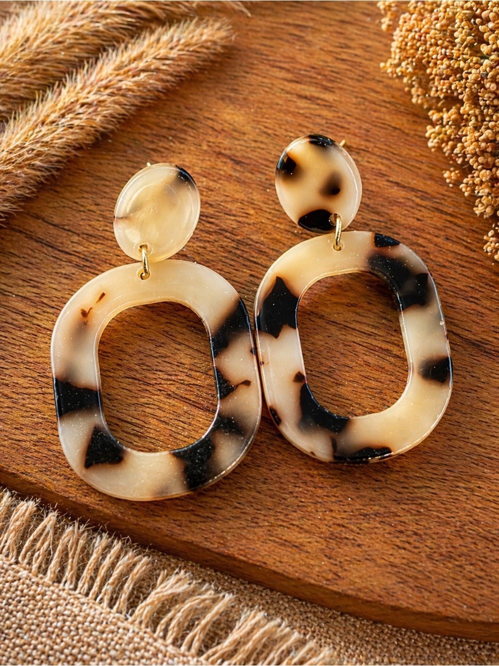 Tortoiseshell Oval Drop Earrings - Beige Black Acrylic